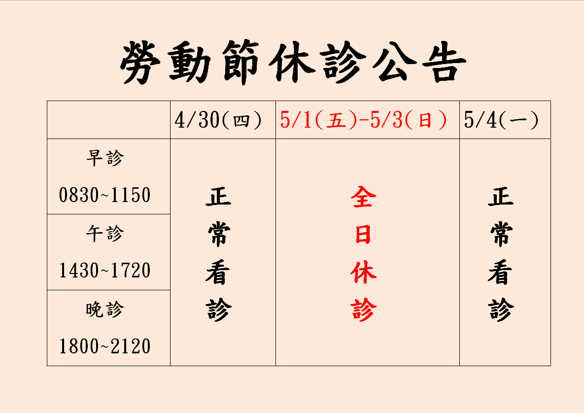 2026年勞動節休診公告